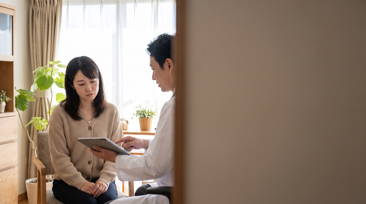 医師にタブレットで説明を受けながら話を聞く女性