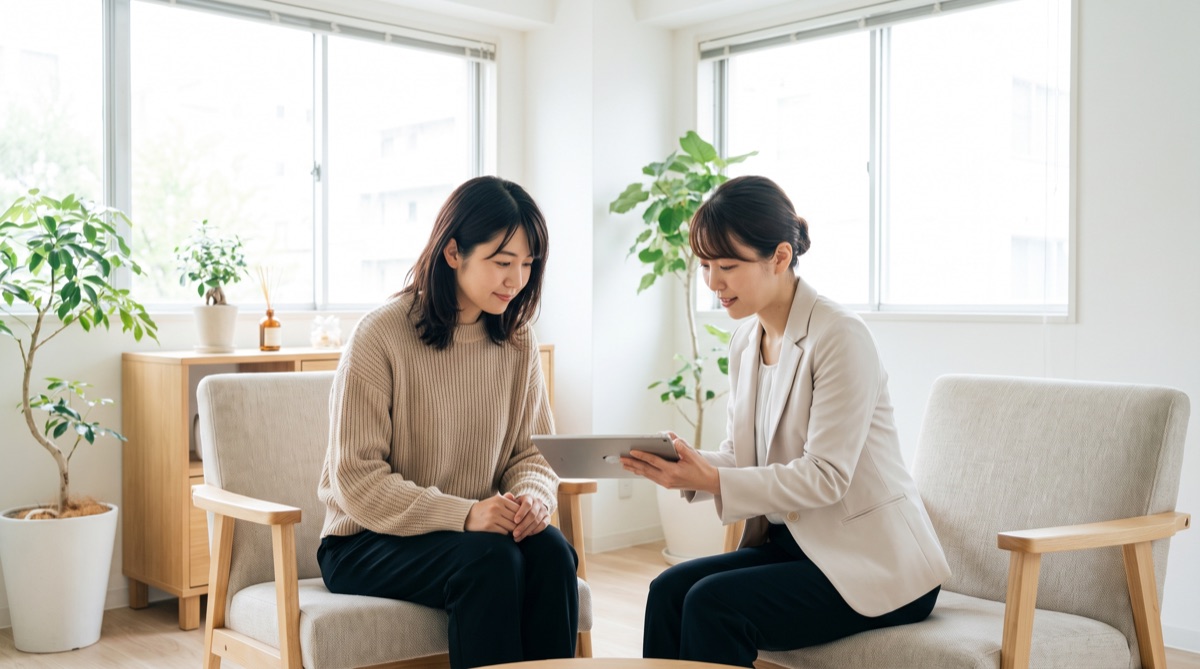 脂肪吸引と脂肪溶解注射のどちらにするか、クリニックでカウンセラーと一緒に確認しながら相談している様子