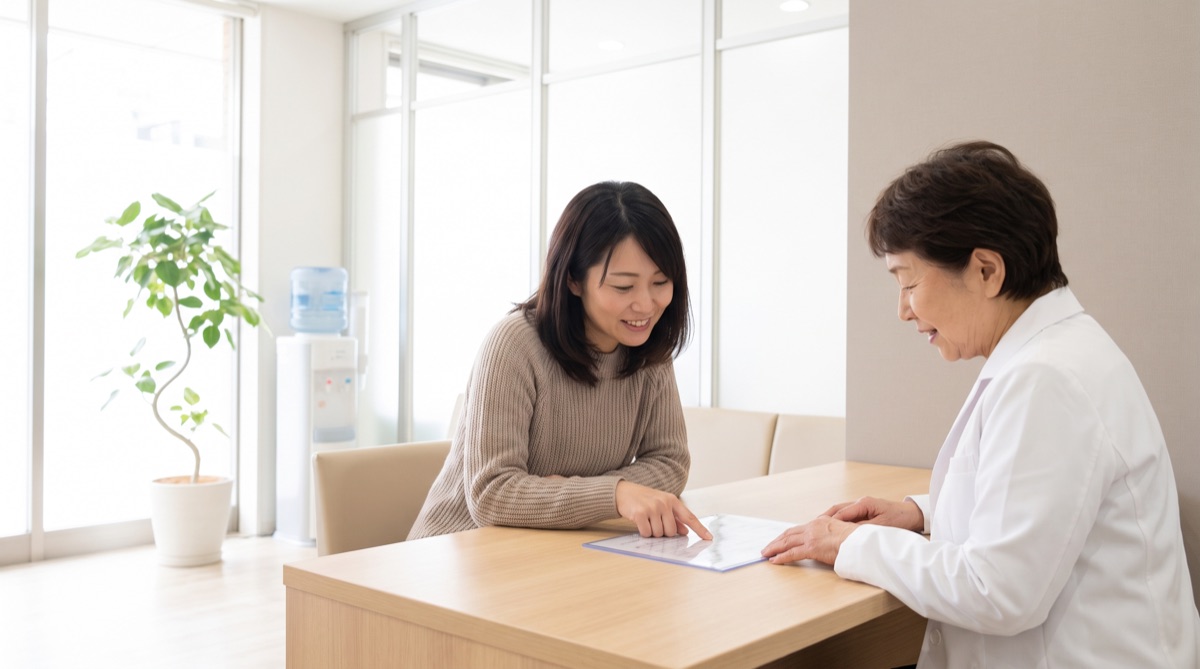 クリニックのカウンセリングで料金表を一緒に確認する女性とスタッフ