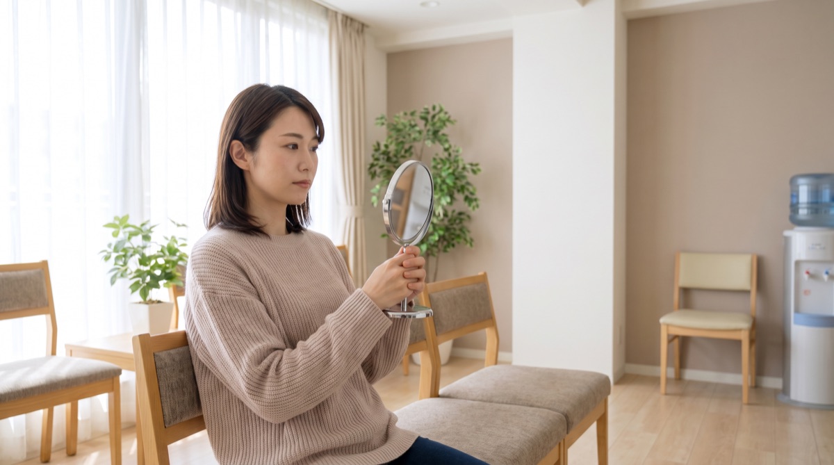 鏡で自分の顔を確認する女性。仕上がりへの不安と向き合うイメージ