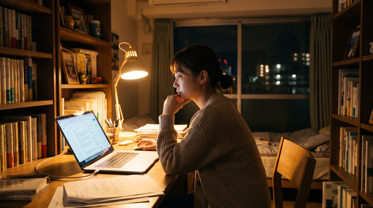 ノートパソコンで韓国の顔の脂肪吸引について情報を調べる女性