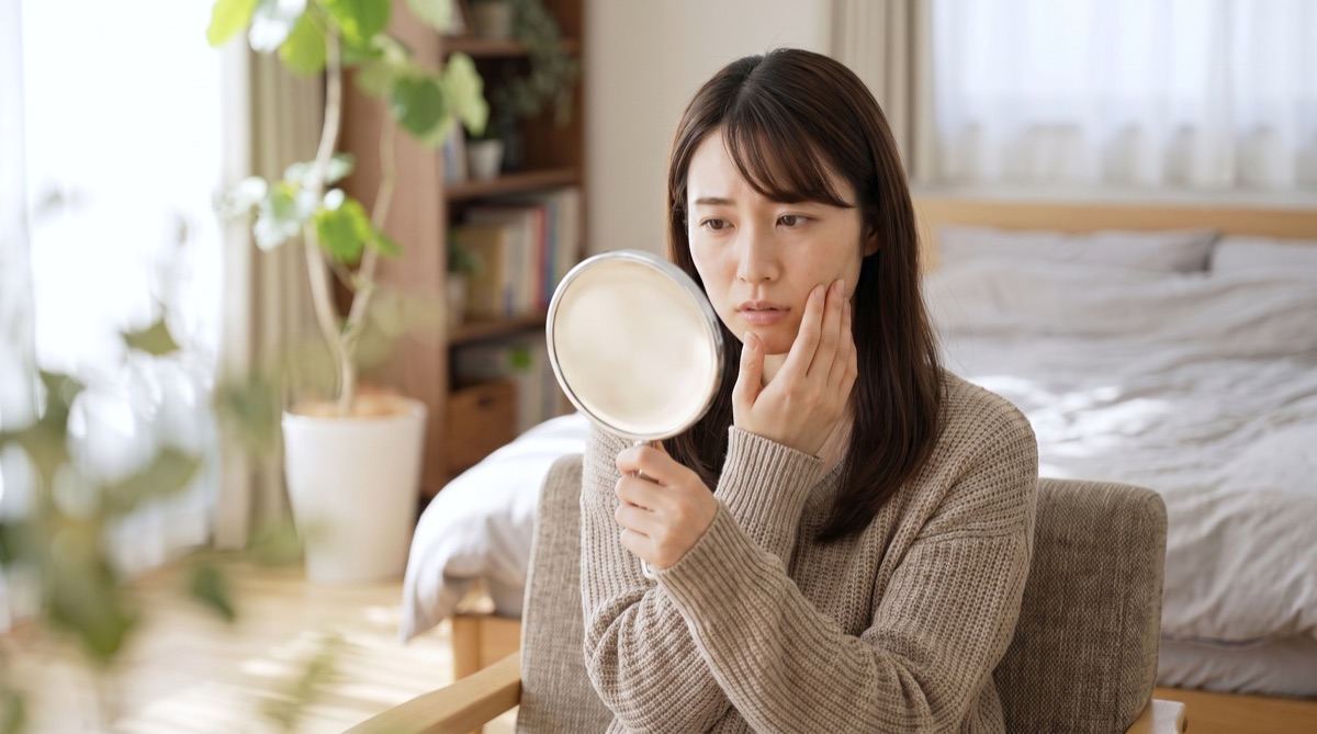 自宅で鏡を見ながら頬の状態を確認する女性