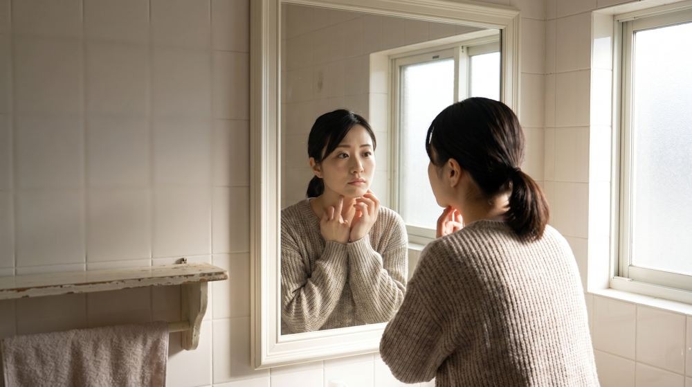 鏡を見ながら顔のラインを指で確かめる女性