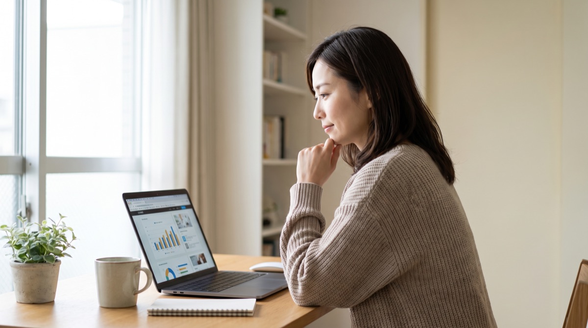 自宅で公式情報を確認しながら比較検討する女性のイメージ写真