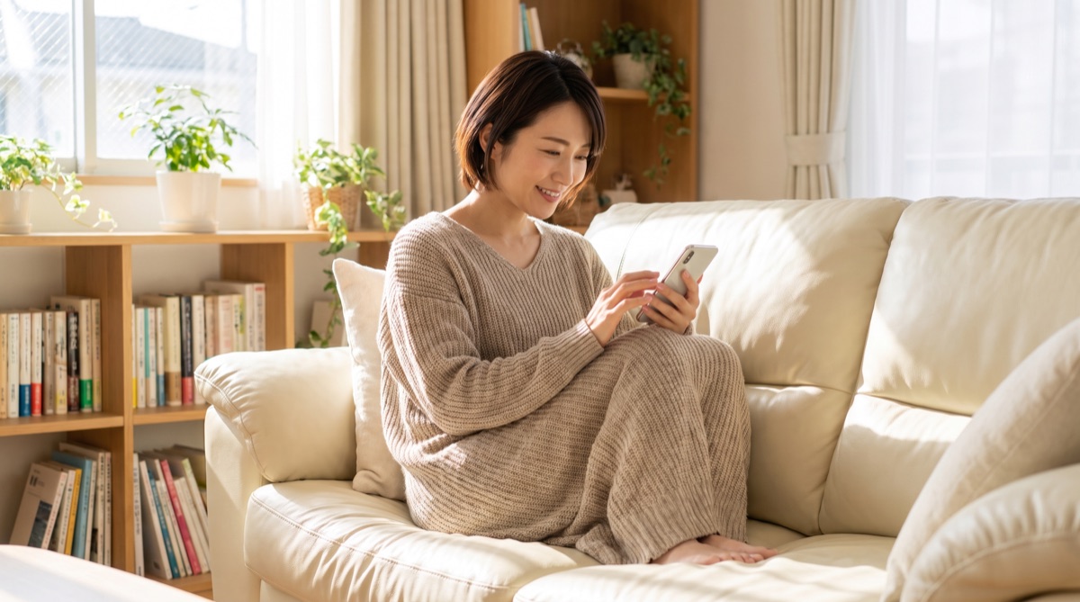 女性が自宅のソファでスマートフォンを見ながら口コミを調べている様子