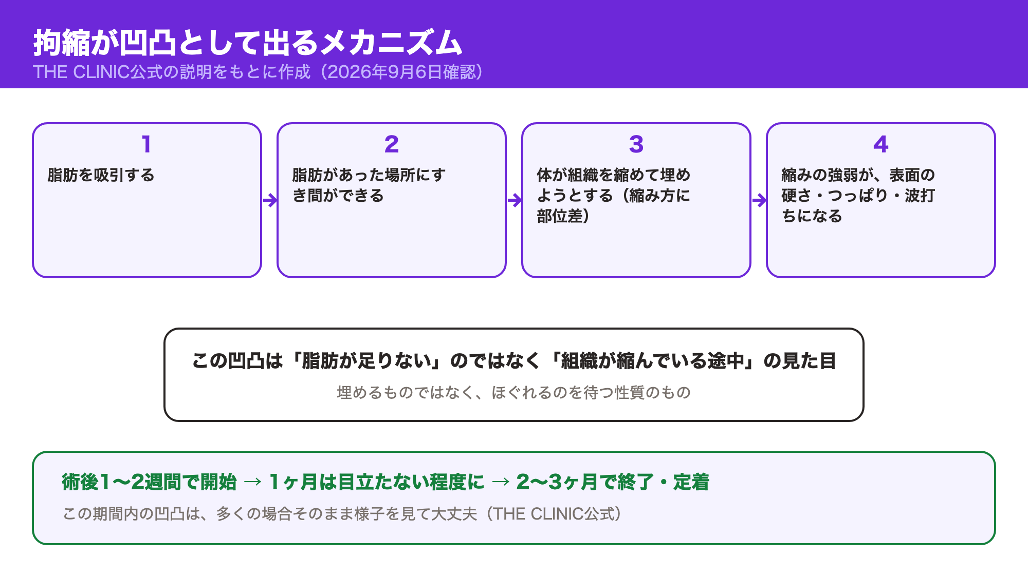 脂肪吸引後にすき間ができ、組織が縮んで硬さと凹凸が出るまでのメカニズムを示した図
