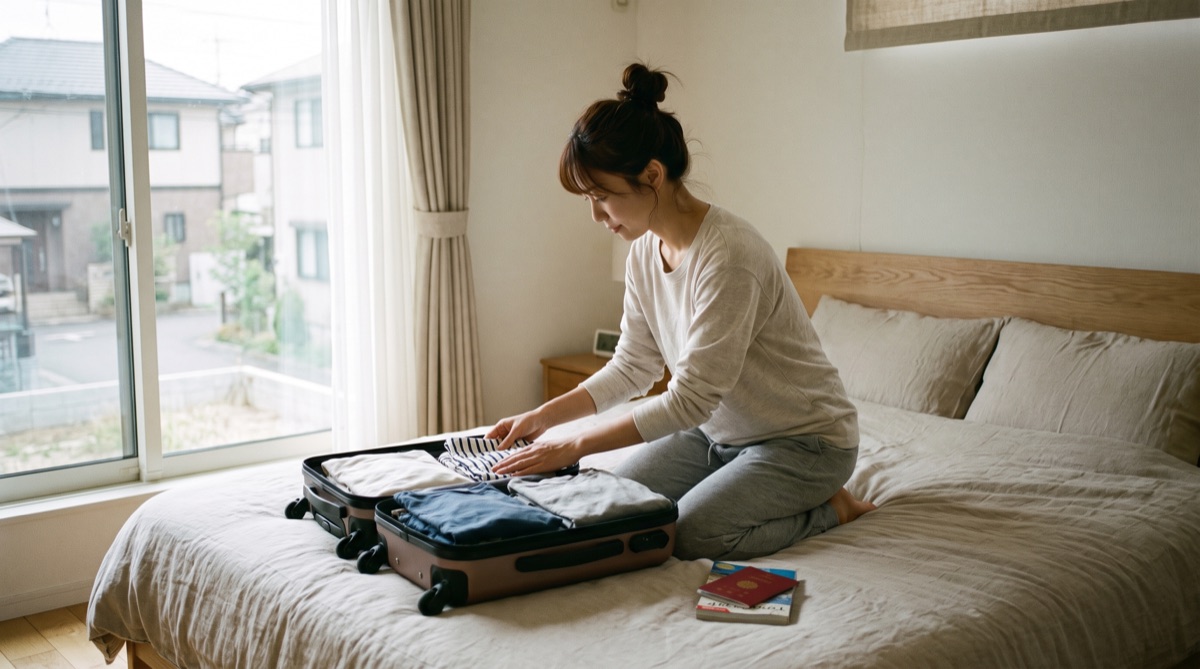 海外での施術に向けてスーツケースに荷物を詰める女性