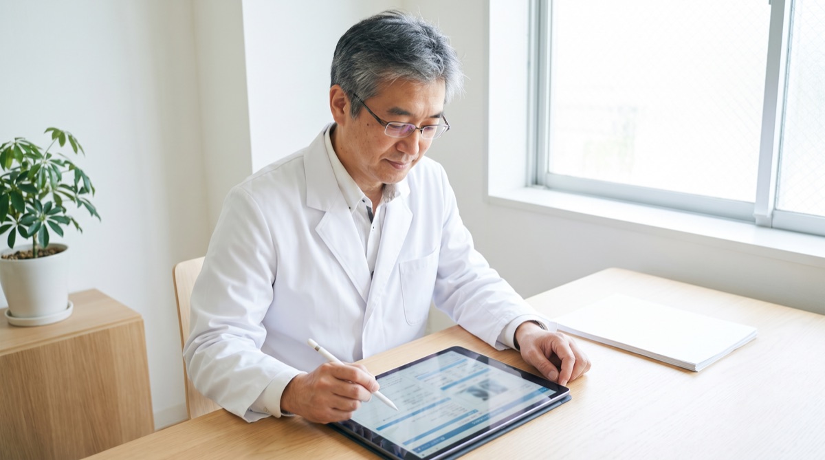 医師がタブレットでカルテやデータを確認している様子。公表されている症例数の中身を公式情報で確かめる姿勢をイメージした写真