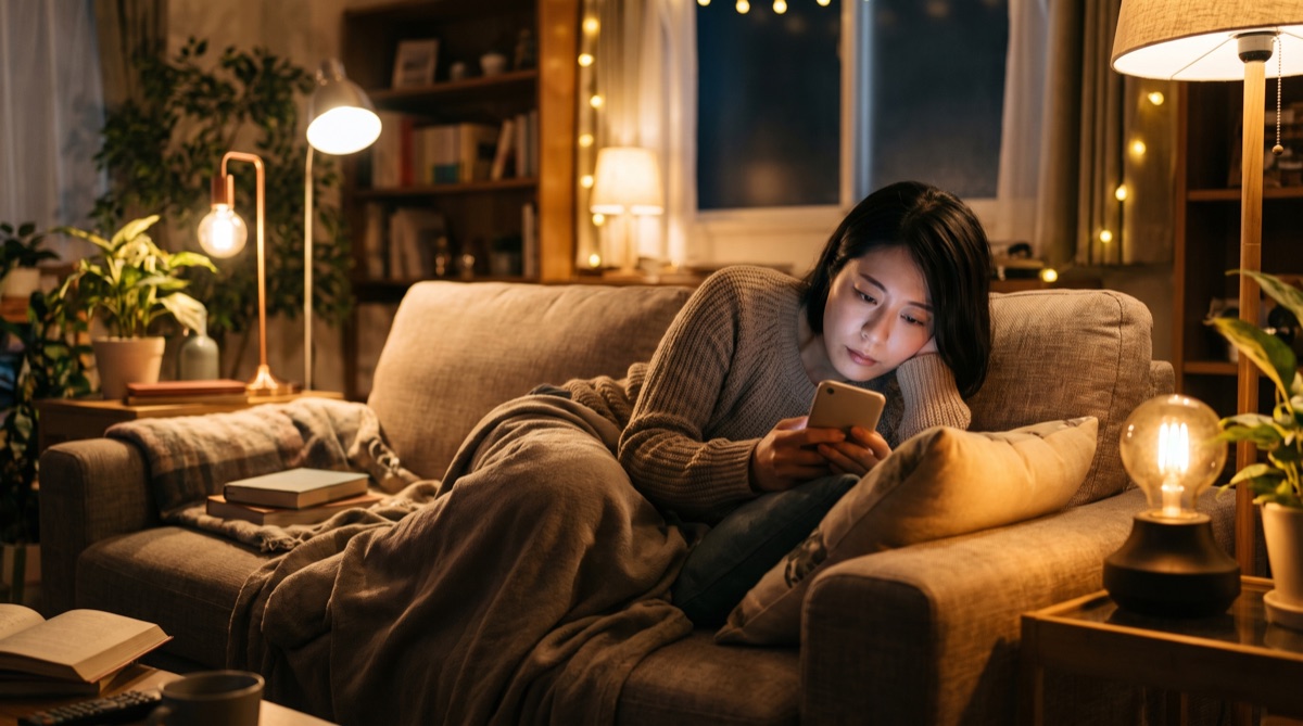 自宅のソファでスマートフォンを見ながら口コミサイトを確認する女性のイメージ写真