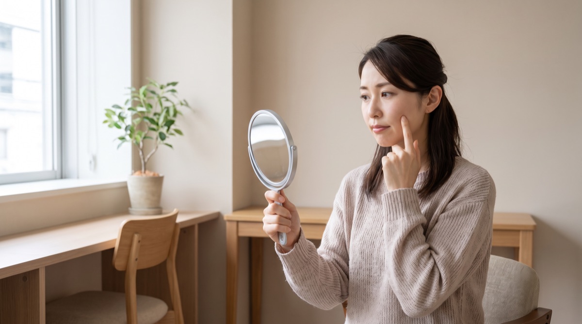 鏡で自分の頬を確認する女性。THE CLINIC公式の料金表には顔の部位として頬（両側）と顎下（二重あご）の2区分しかなく、メーラー・バッカル・エラという語は本文中に見当たらない