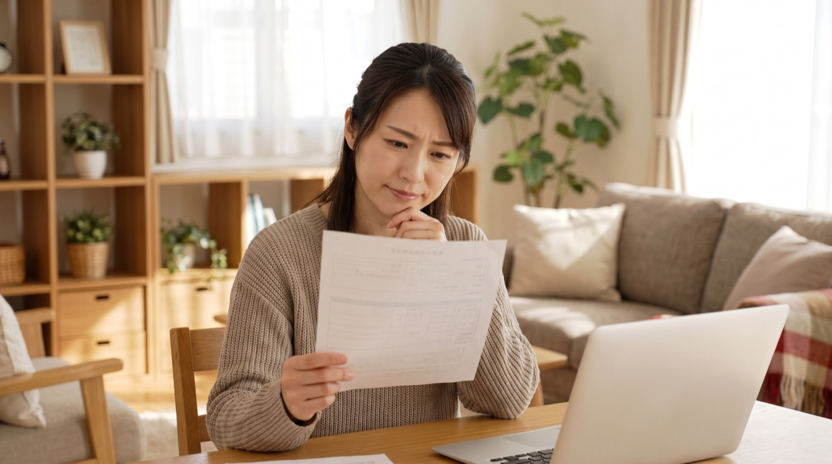 自宅で公式サイトの記載内容を書類とパソコンで確認しながら考え込む女性