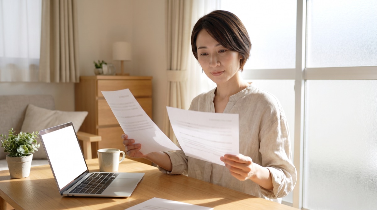 複数院の料金表を並べて見比べる女性。THE CLINICは施術費用と基本セットを2行に分けて金額を明記し足し算すれば総額が分かる一方、TAクリニックは麻酔が別途費用という注記のみで表示価格に含まれるかが確定できない