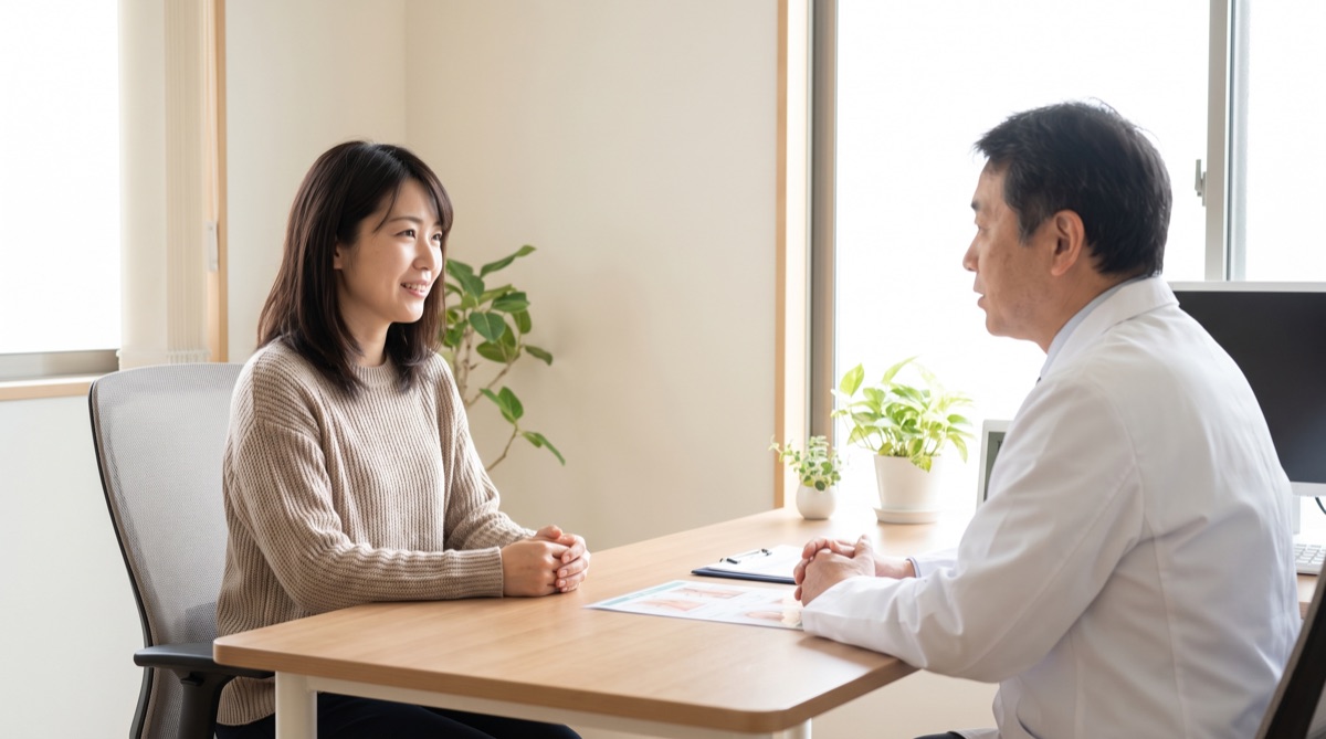 麻酔の内訳や表示価格に含まれるものについて、クリニックでカウンセリングを受けている様子
