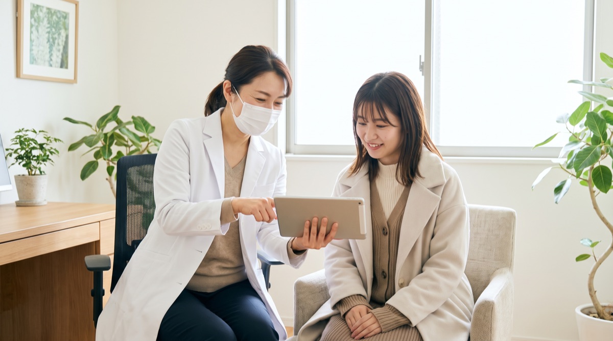 タブレットを見ながら医師の説明を聞く女性