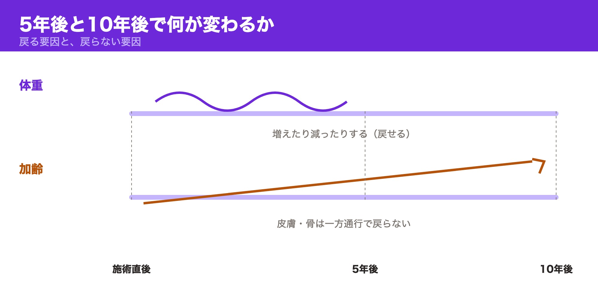 体重による変化は行き来し、加齢による変化は一方通行であることを5年後・10年後の時系列で示した図