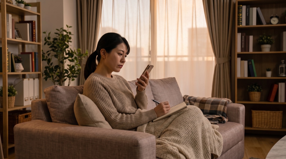 モニター価格を検討しながら自宅でメモを取る女性