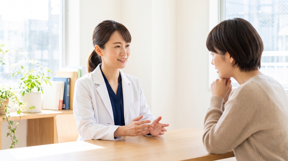 ドクターが患者に説明するカウンセリングの様子。THE CLINICのドクターカウンセリングは初診・再診とも無料で、術後の経過に関することもドクターが診察すると公式に明記されている