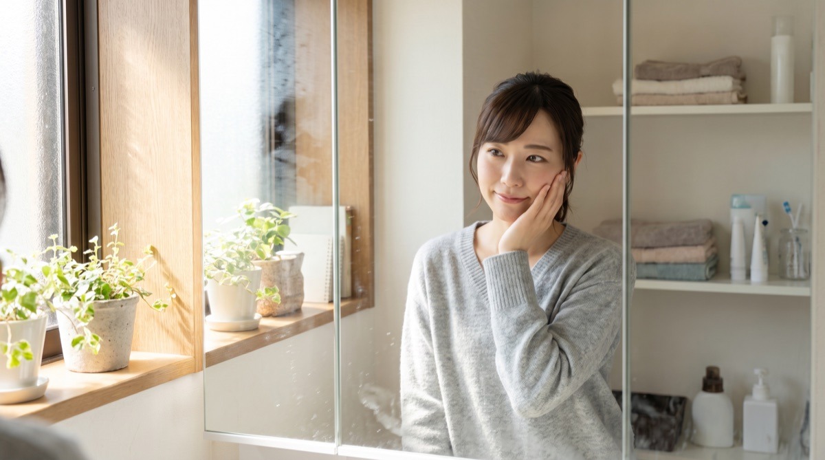鏡の前で自分の頬のふくらみを確認する女性のイメージ