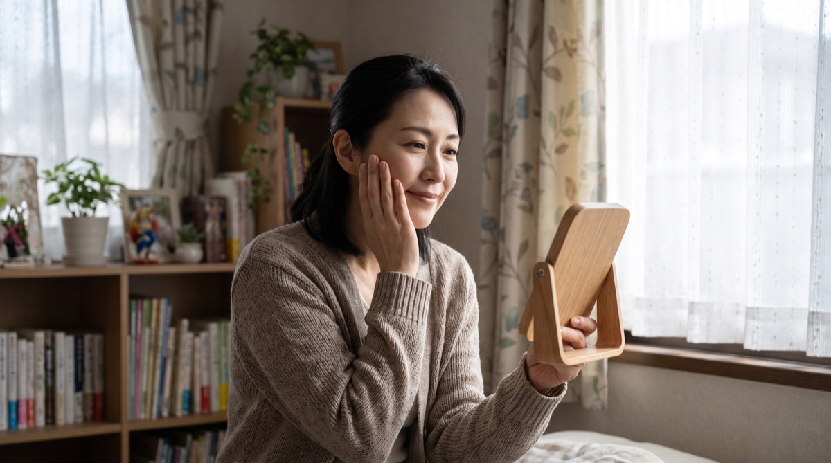 自宅で手鏡を見ながら頬の皮膚を軽くつまんで確認する女性