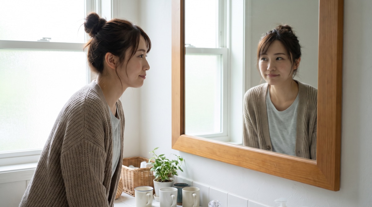 鏡の前で自分の顔を確認する女性。写真だけでは仕上がりの原因までは判断できない