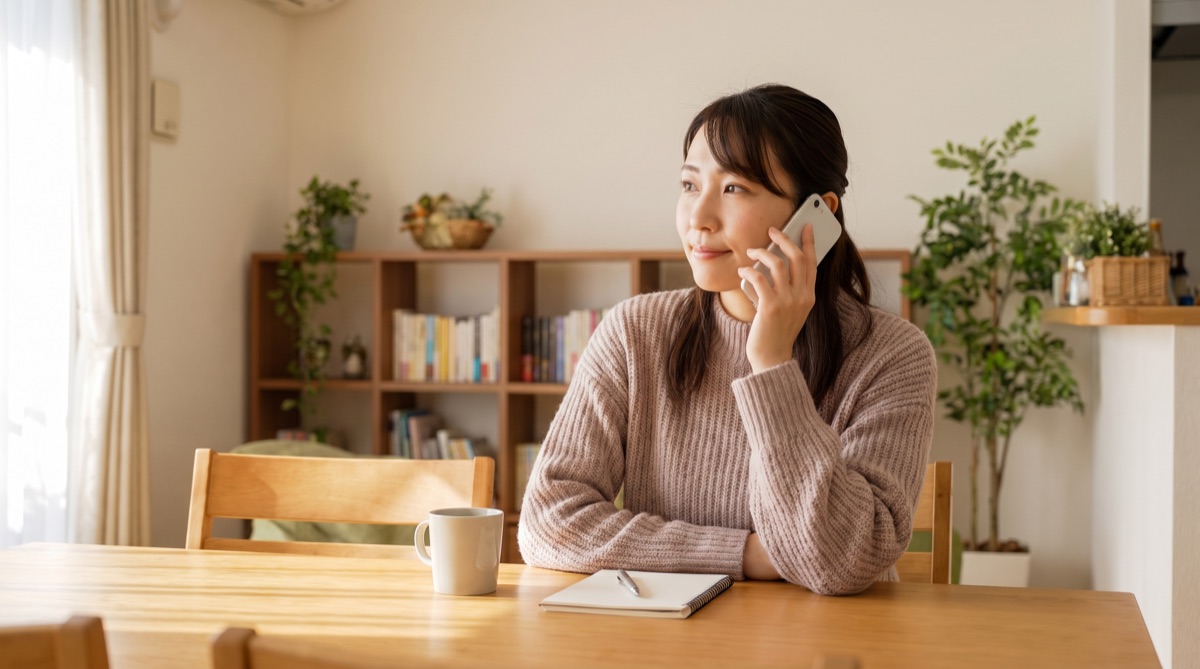 自宅で電話をかけ、クリニックに対応院を直接確認している女性