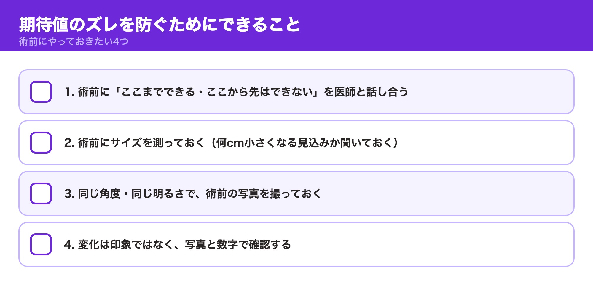 期待値のズレを防ぐために術前にやっておきたい4つのチェックリスト。医師とのゴール確認・サイズ測定・同条件での写真撮影・数字での確認
