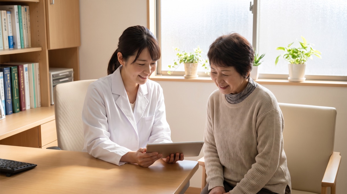 カウンセリングのイメージ：医師がタブレットを見せながら患者に説明している様子