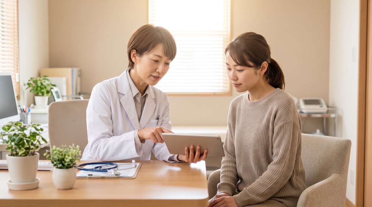 医師がタブレットを示しながら患者にカウンセリングで説明している様子