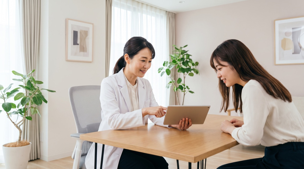 タブレットの記録を見ながら、医師が患者に触診の結果や今後の見通しを説明しているカウンセリングの様子