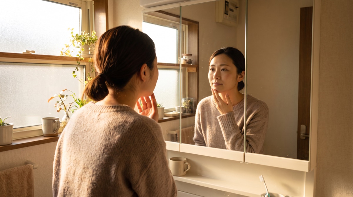洗面台の鏡の前で頬とあご下を指でつまみながら自分の輪郭を確認している女性。術後の経過を自分の目で見比べるイメージ