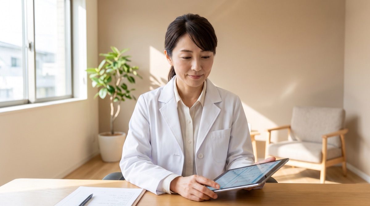 医師がカルテを確認しながら患者にカウンセリングで説明している様子