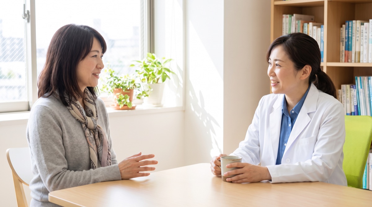 患者とカウンセリング担当者が明るい相談スペースで向かい合って話している様子