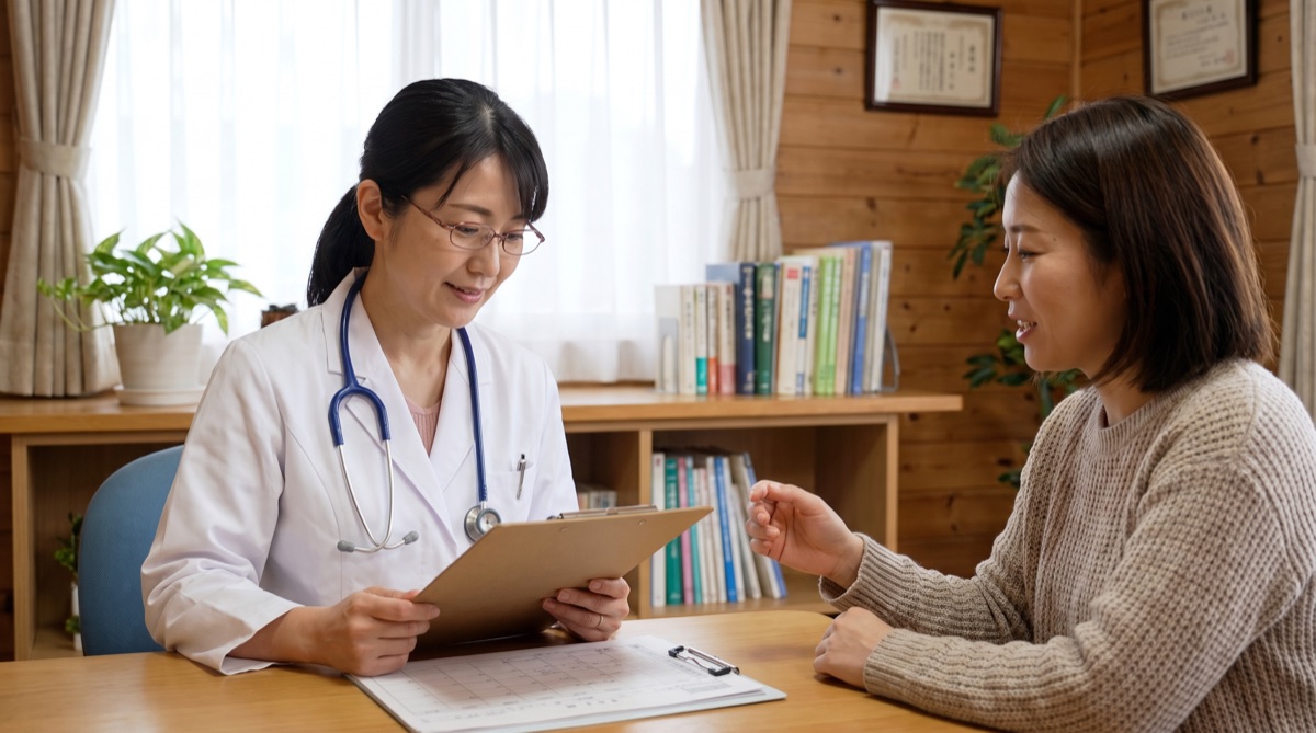医師がカルテを確認しながら患者とカウンセリングをしている様子