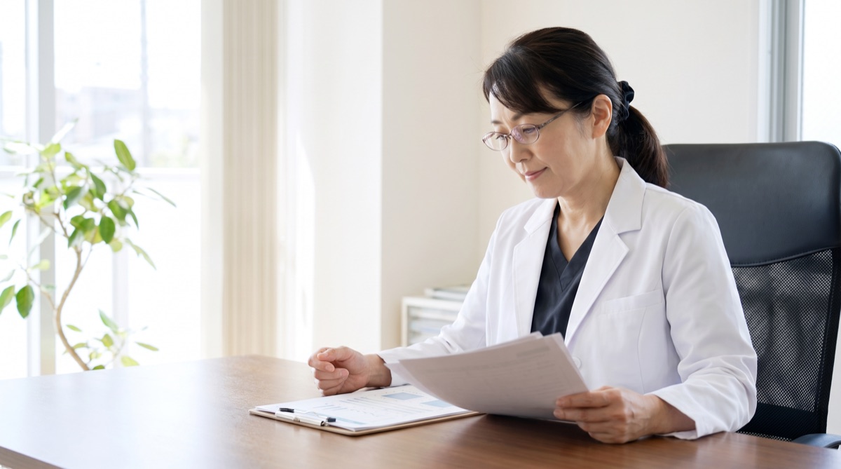 医師が薬剤の承認状況に関する資料を確認している様子