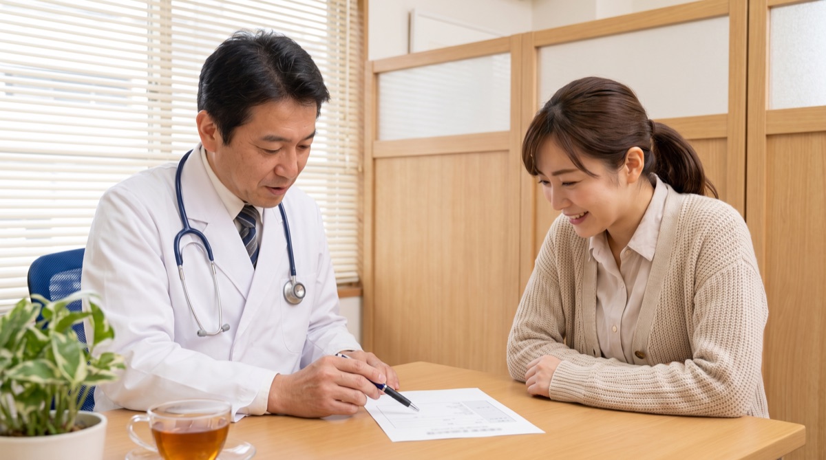 保証条件を確認するときのイメージ：医師が書面を指しながら患者に説明している様子