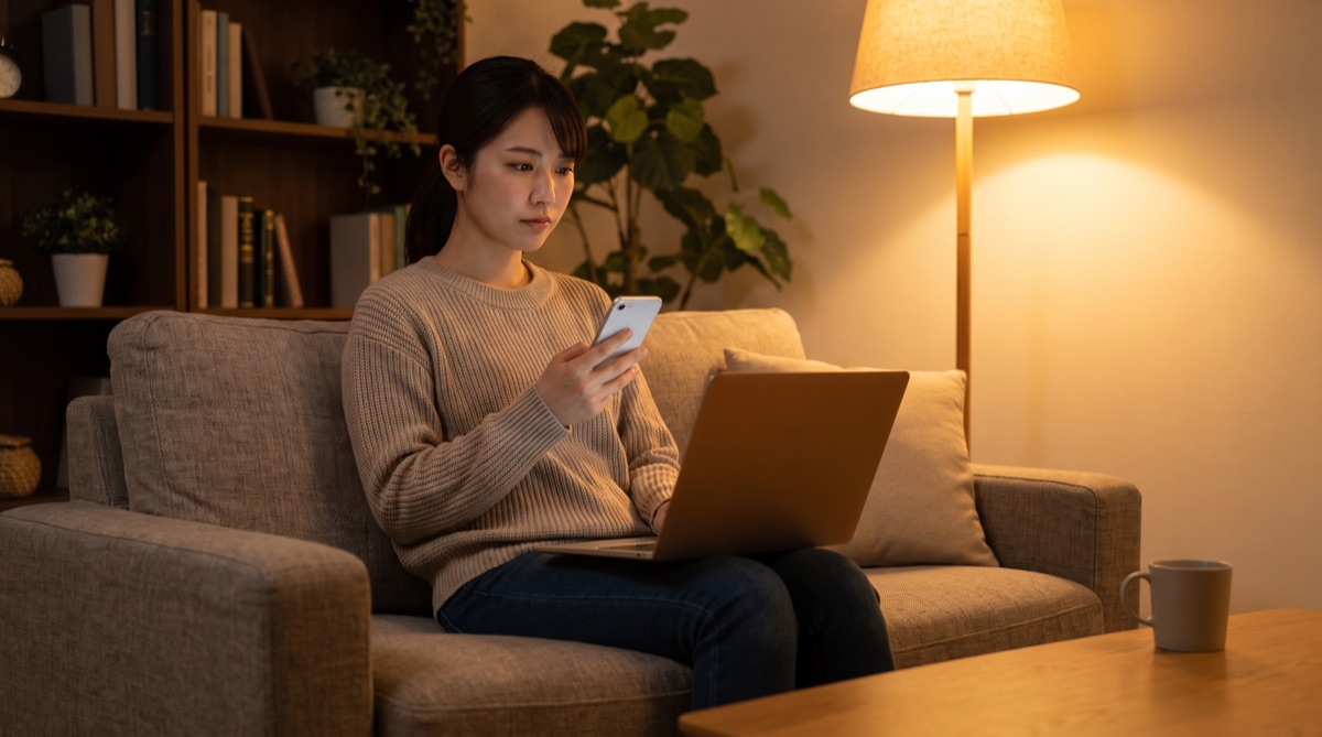 自宅でクリニックの情報を比べて確認しているイメージ写真