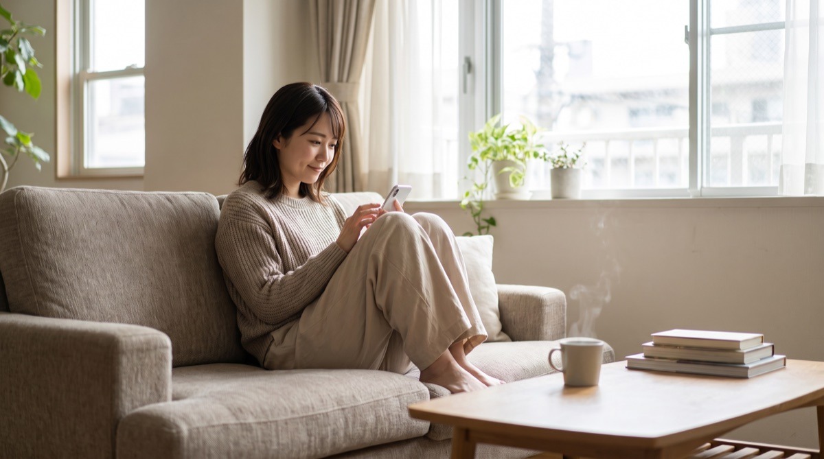自宅でスマートフォンを見ながら症例写真や口コミを調べる女性