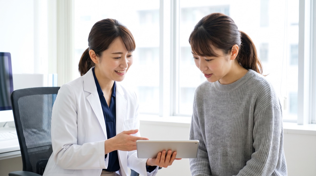 タブレットを見ながら医師の説明を聞く女性のイメージ