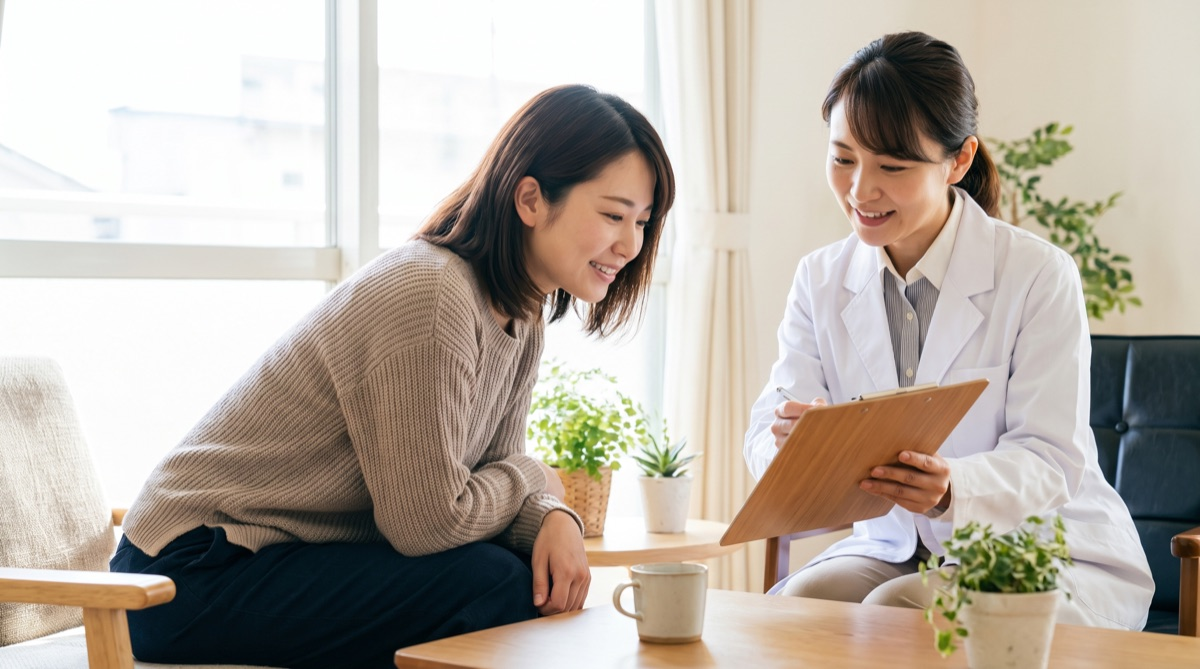 カウンセリングで医師と一緒に確認事項を見ながら話す女性