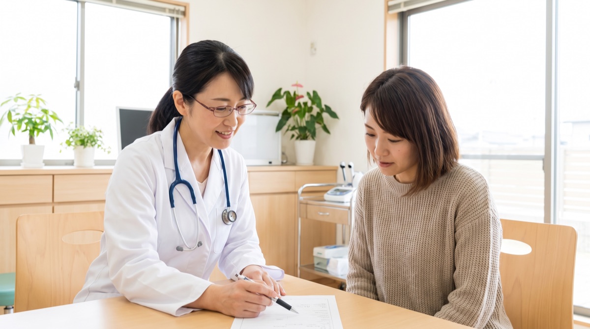 クリニックのカウンセリング室で医師が患者に書類を見せながら説明している様子