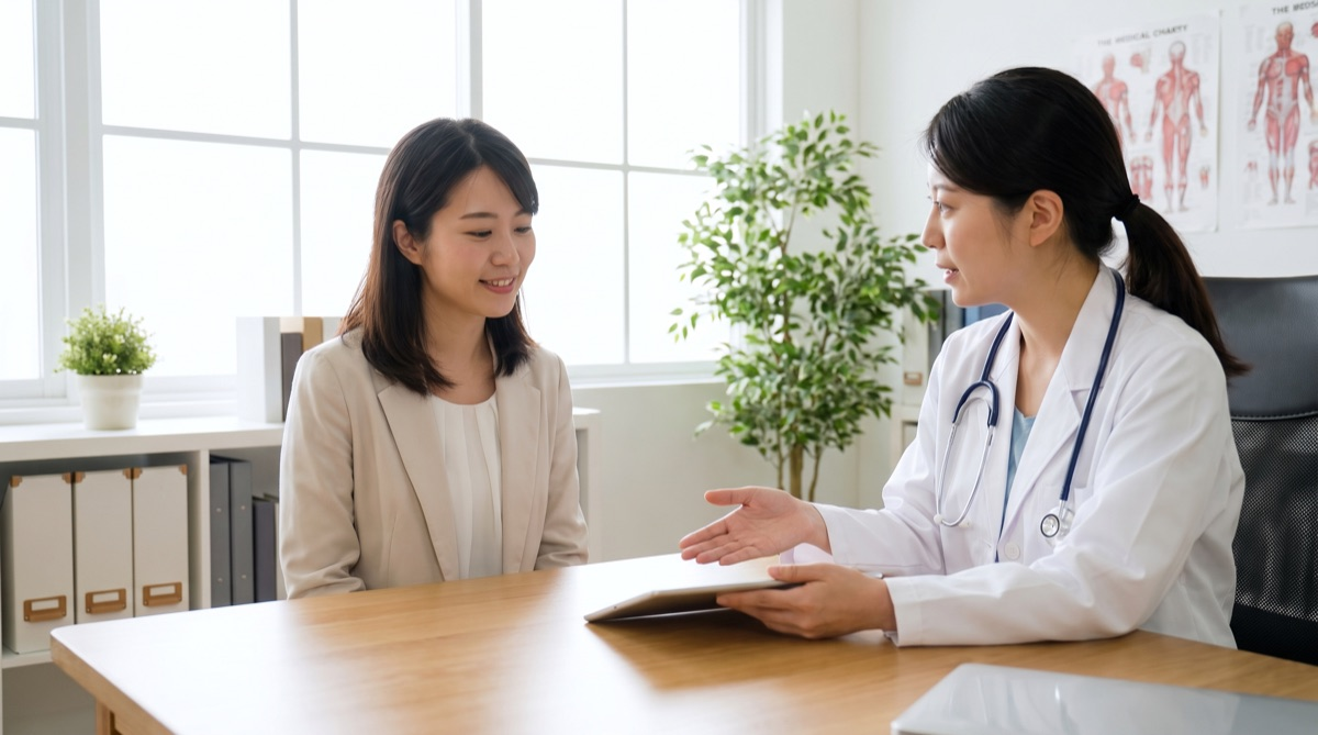 カウンセリング室で医師が患者に丁寧に説明している様子