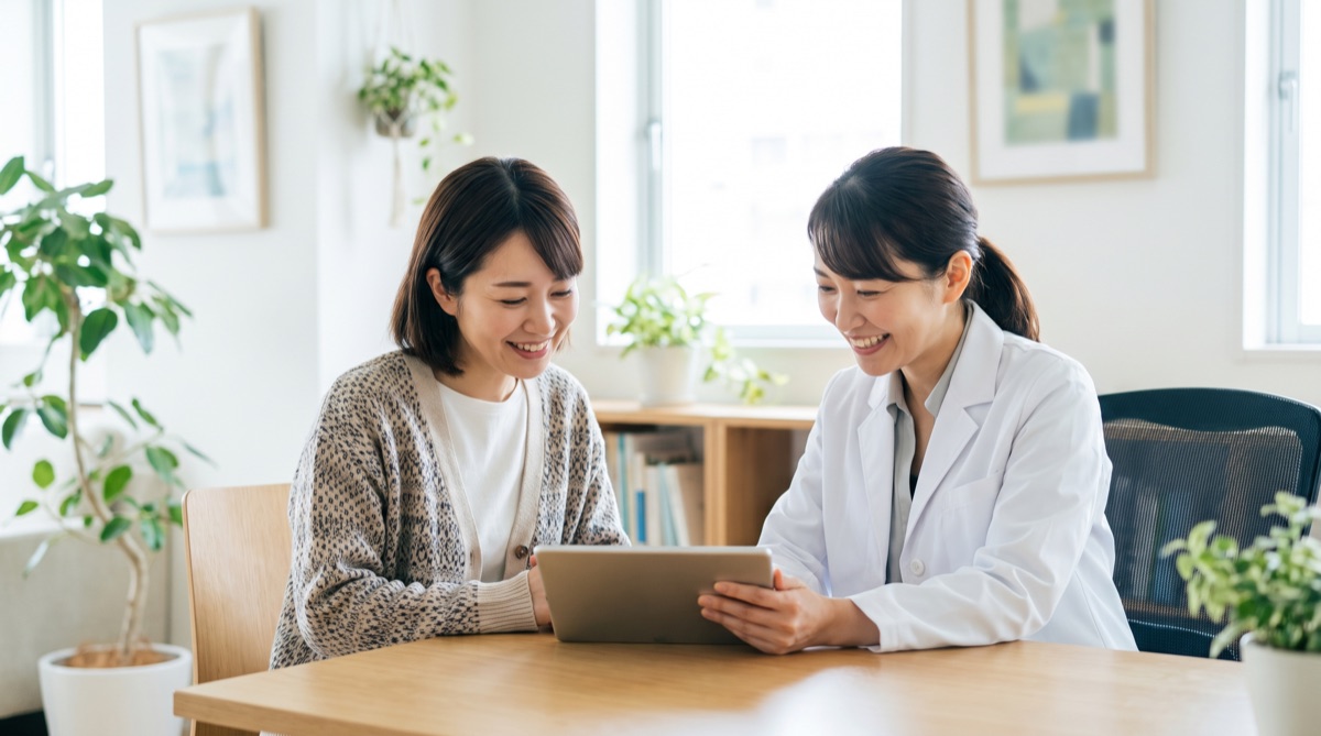 クリニックのカウンセリング室で、患者とタブレットを見ながら穏やかに会話する医師