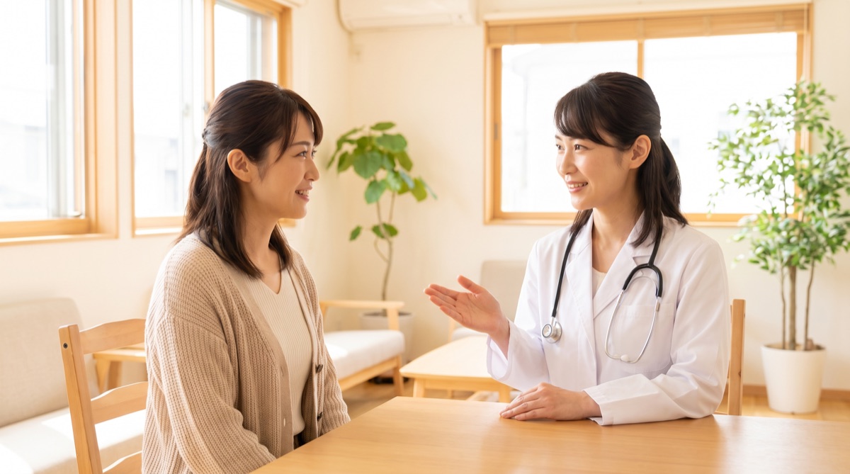医師が患者にカウンセリングで経過や個人差について説明している様子