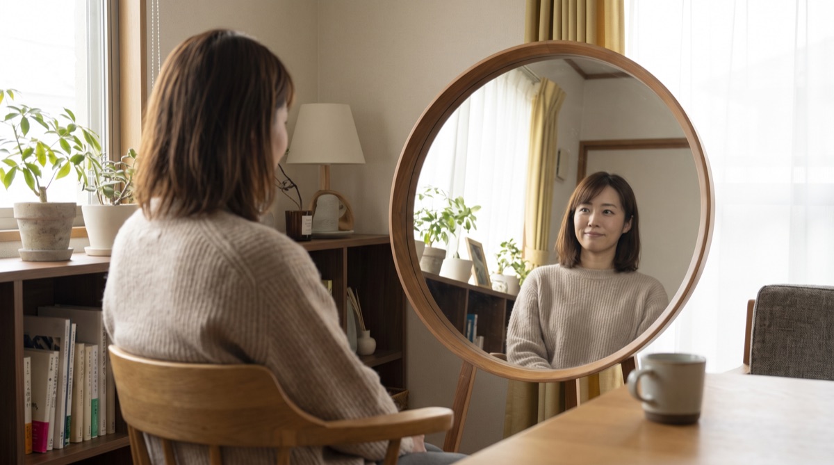 鏡を見ながら受けるかどうかを考えている女性