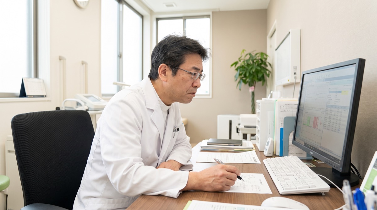 医師が診察室でカルテと資料を確認しているイメージ写真