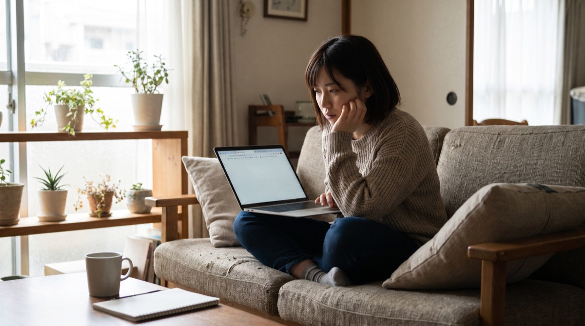 自宅のソファでノートパソコンの口コミ情報を静かに見比べている女性