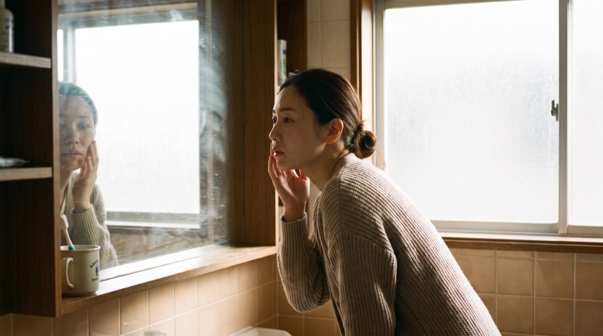 自宅の鏡で頬に手を当てて自分の顔を確認する女性
