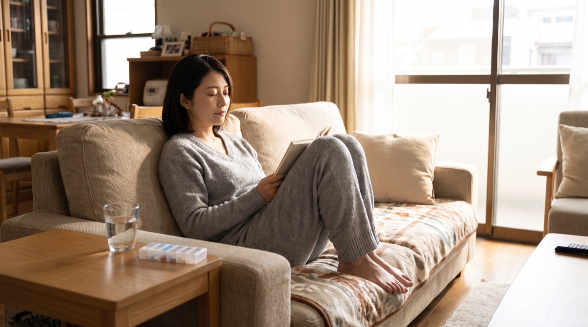 自宅のソファでくつろぎながら痛み止めと水を手元に置いて休んでいる様子
