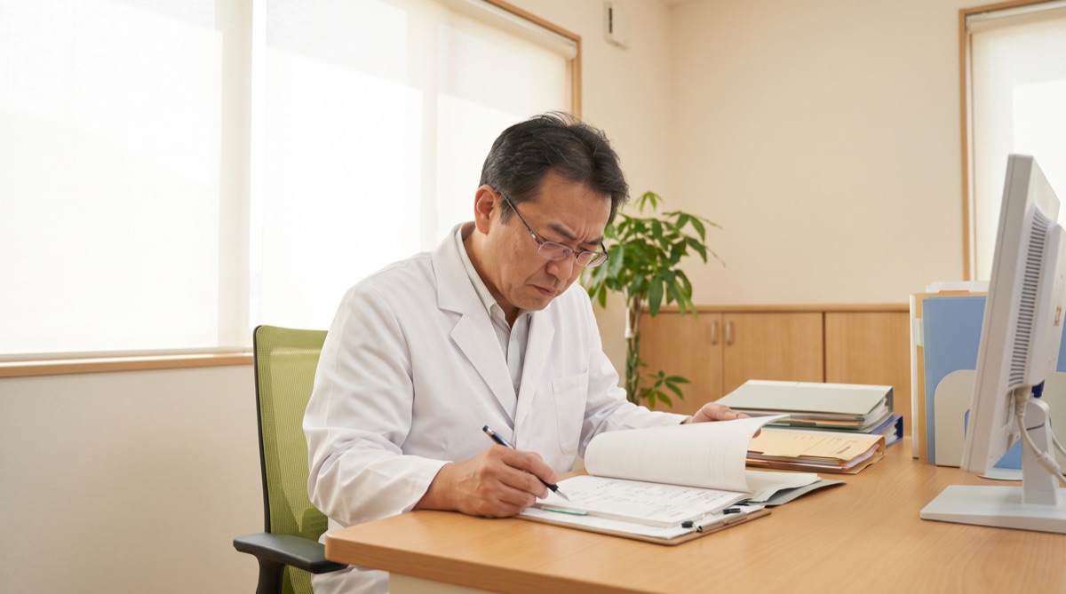 医師がカルテと資料を丁寧に確認している様子