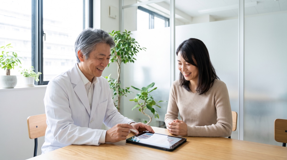 医師と患者がタブレットを見ながらカウンセリングで説明を受けている様子